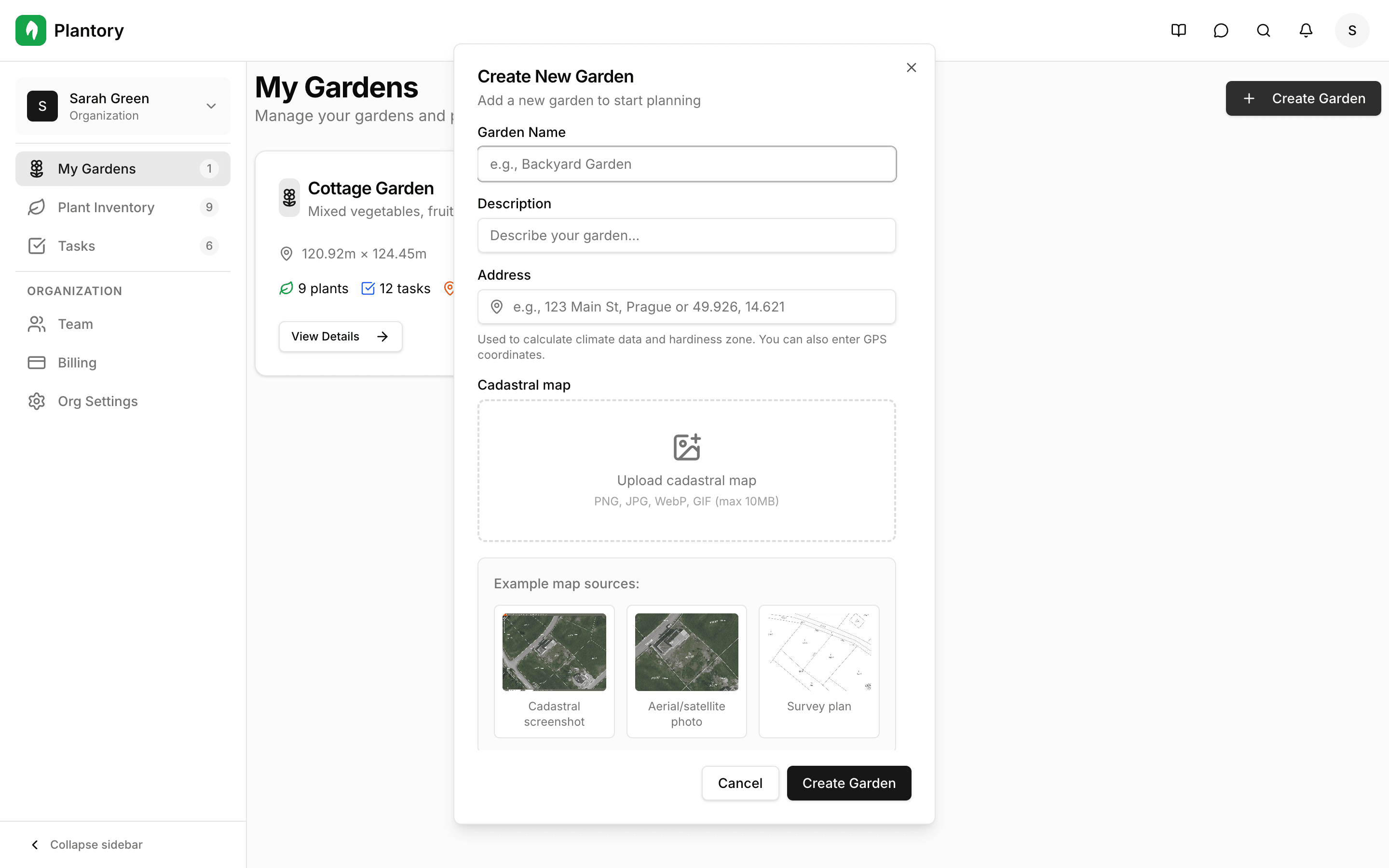 Modulo di creazione giardino che mostra tutti i campi di input