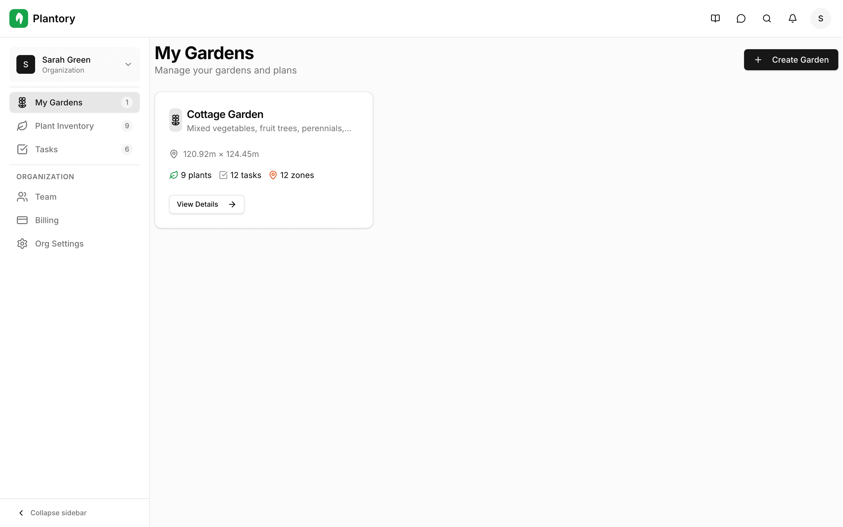 Pannello di controllo principale che mostra le schede dei giardini e la navigazione
