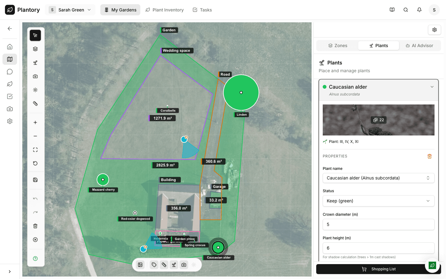 Pannello dettagli pianta che mostra i requisiti di cura